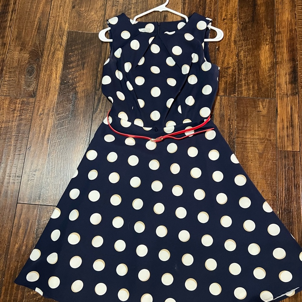 Navy Polka Dot Womens Dress with Patent leather Red Belt